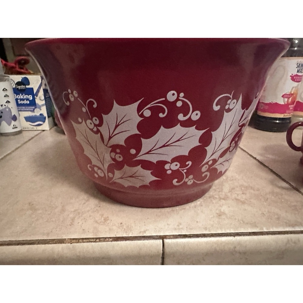 Vintage Hazel Atlas Egg Nog/Punch Bowl Set - 6 Mugs Holly Berry Milk Glass